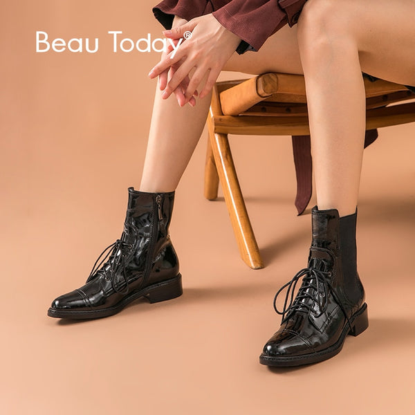 BeauToday Motorcycle Boots Women Patent Leather Mid-Calf Shoes Cross-Tied Round Toe Zipper Closure Ladies Boots Handmade 02013