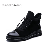 BASSIRIANA 2019 autumn new women's shoes black patent leather and stretch fabric combined with comfortable flat shoes