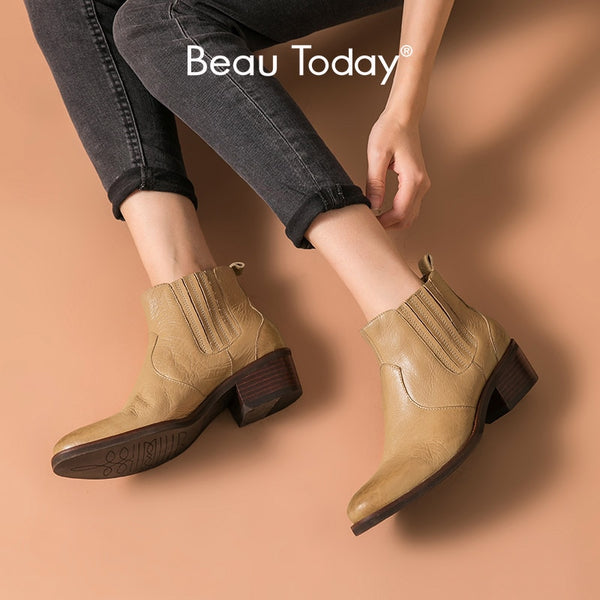 BeauToday Chelsea Boots Women Genuine Cow Leather Western Round Toe Elastic Band Autumn Winter Female Ankle Shoes Handmade 03286