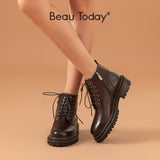 BeauToday Ankle Women Boots Genuine Cow Leather Round Toe Lace-Up Zipper Double Sewing Autumn Fashion Lady Shoes Handmade 03452