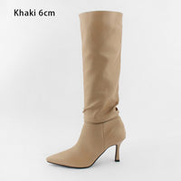 Size 33-42 Leather Women Boots Stiletto Heels Pointed Toe Ladies Shoes 2020 Winter Solid High Boots White Khaki Black