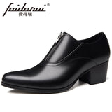 New Arrival Handmade Men's Genuine Leather High Heels(5cm) Wedding Loafers Pointed Toe Zip Man Casual Cow Leather Shoes HQS467